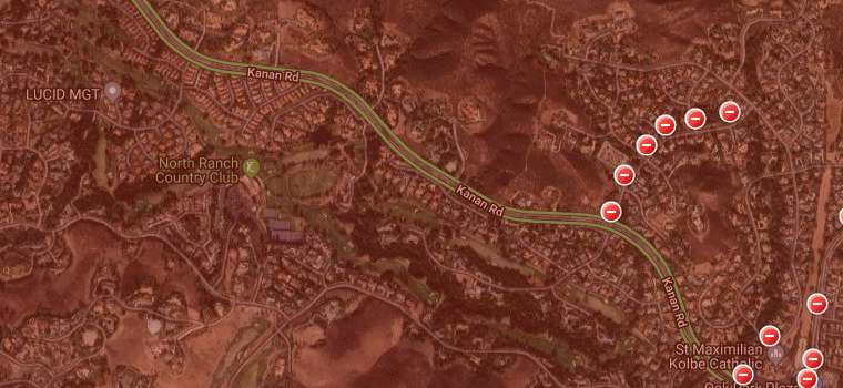 Red on the map refers to the area where Woosley fire is raging